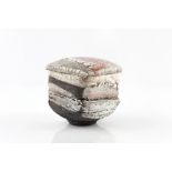 Christoph Zange (Contemporary) Tea bowl and cover raku with poured glazes 12cm across in wooden