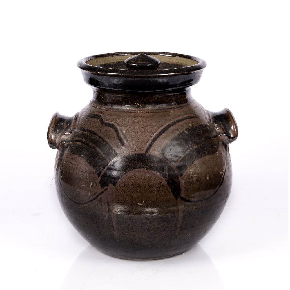 Mick Casson (1925-2003) Storage jar and cover tenmoku glaze impressed potter's seal 38cm high.