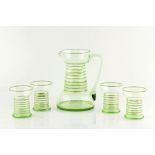 Art Deco School Lemonade set comprising jug and four glasses clear and green glass the jug 23.2cm