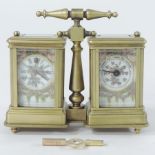 A miniature brass cased carriage clock and barometer,