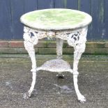 A Victorian cast iron circular garden table, with a marble top,