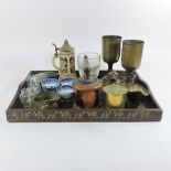 A 19th century rummer, together with a treen box, a brass shell string box,