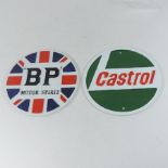 A painted metal Castrol sign, together with a BP sign,