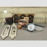 A collection of items, to include a copper jardiniere, a string box and a pair of wall mirrors,