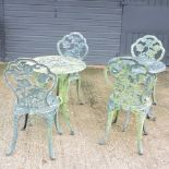 A metal garden bistro table, 60cm, with two matching chairs,