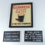 A painted metal sign, together with an animals only sign and a Guinness plaque,
