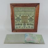 A Victorian needlework sampler, depicting pictures and verse, worked by Elizabeth Nunn Walsham,