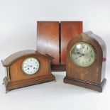 A mahogany and marquetry inlaid mantel clock, 35cm tall,
