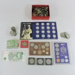 A collection of pre decimal and later coins and bank notes