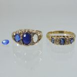 An 18 carat gold sapphire and diamond boat shaped ring,