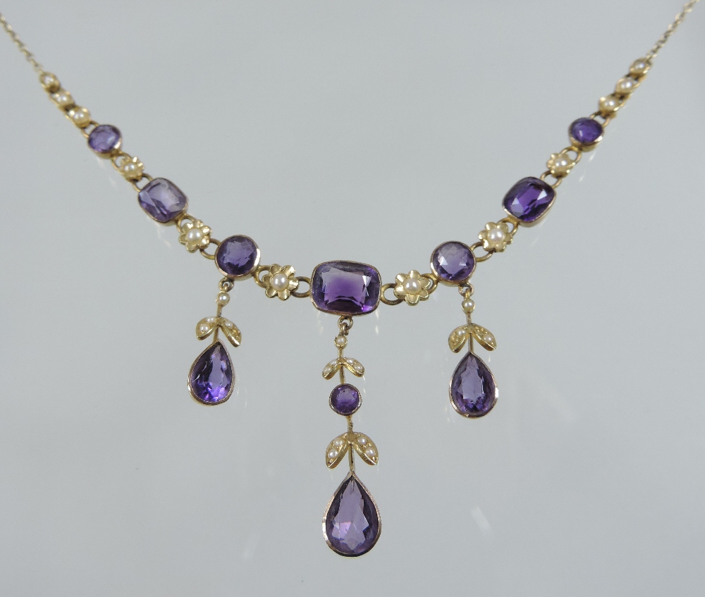 An Edwardian seed pearl and amethyst necklace, - Image 2 of 7