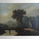 English School, early 19th century, river landscape with a figure on a bridge before a farmhouse,