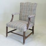 A George III mahogany and check upholstered Gainsborough style open armchair,
