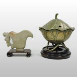A Chinese brass incense burner and cover, on stand, together with a stone libation cup,