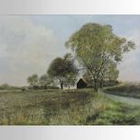 Clive Madgwick (*ARR), 1934-2005, Suffolk landscape with a barn, signed oil on canvas,