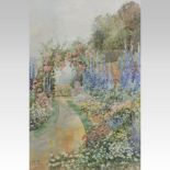 W S Percy, cottage garden landscape with flowers, signed watercolour,
