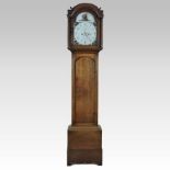 A late George III oak cased longcase clock, the arched painted dial with Arabic hours, signed R.