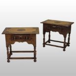 A pair of William and Mary style oyster veneered side tables, each containing a single drawer,