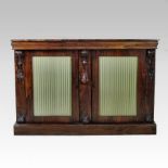 A 19th century rosewood and crossbanded chiffonier, enclosed by a pair of pleated silk doors,