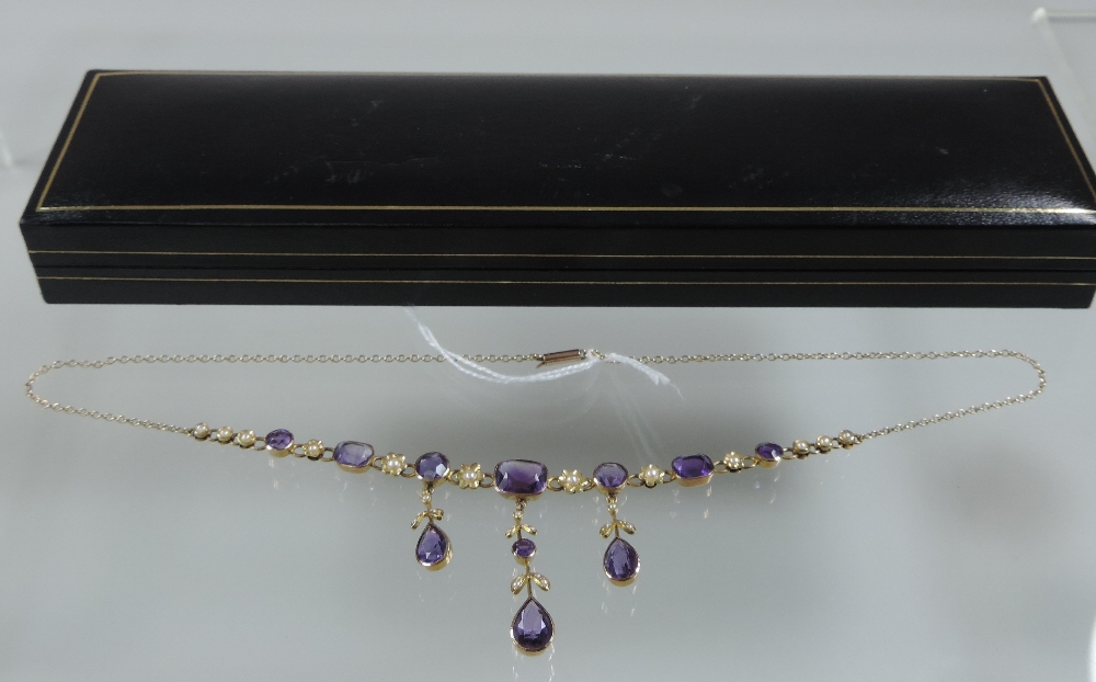 An Edwardian seed pearl and amethyst necklace, - Image 6 of 7