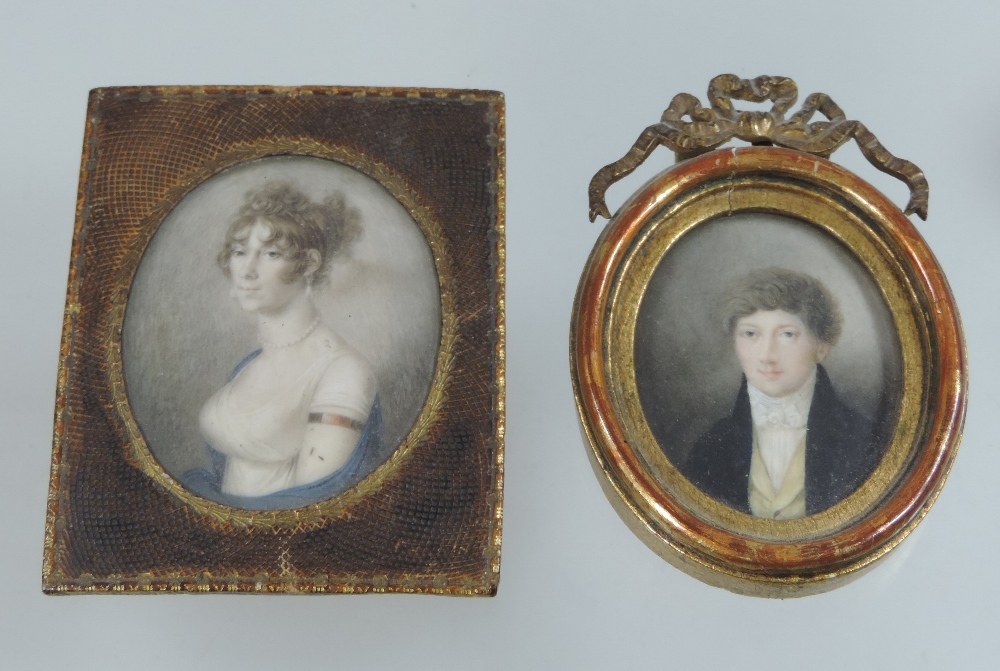 English school, 19th century, a head and shoulders portrait miniature of a young man, oil, oval, 5. - Image 2 of 2