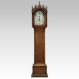 A late George III oak cased longcase clock, the arched painted dial with Roman hours,