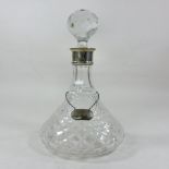 A modern silver mounted glass ships decanter and stopper, by C J Vander Ltd, Birmingham 1982,