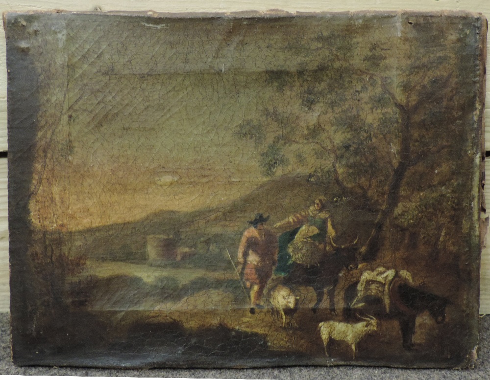 Continental School, 18th century, shepherd with cows, sheep and donkey in a Capriccio landscape, - Image 3 of 3