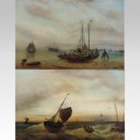 F Rossett, 19th century, a coastal scene with moored fishing vessels, together with its companion,
