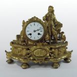 An ornate 19th century French figural gilt mantel clock, with enamel dial and eight day movement,