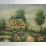 English School, early 20th century, a garden landscape, with a thatched cottage,