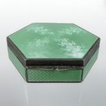 An early 20th century continental silver and green enamelled ladies powder box, of hexagonal form,
