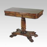 A late Regency rosewood D shaped folding card table, the hinged top,