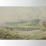 Attributed to William John Huggins, 1781-1845, launching a paddle steamer, watercolour,