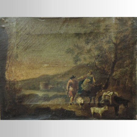 Continental School, 18th century, shepherd with cows, sheep and donkey in a Capriccio landscape,