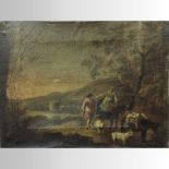 Continental School, 18th century, shepherd with cows, sheep and donkey in a Capriccio landscape,