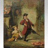 English school, early 19th century, a man with a peg leg and a lady with a drum, oil on canvas,