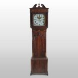 A late George III mahogany and inlaid cased longcase clock, the painted fourteen inch dial,