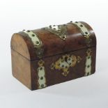 An early 19th century burr walnut, brass and ivory mounted tea caddy,