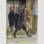 Sarah Maclean, 20th century, Movie Goers, The Fulham Road, watercolour, 20 x 14cm,
