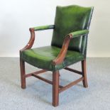 A mahogany and green leather upholstered Gainsborough style open armchair