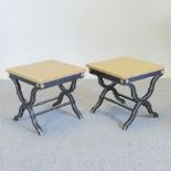 A pair of ebonised and gilt painted marble top side tables,