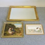 A gilt framed wall mirror, together with a watercolour view of Pinn Mill,