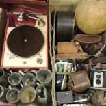 Two boxes of items, to include a Philips Challenge globe, vintage cameras and metalwares,