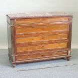 A 19th century French mahogany and brass bound chest of drawers, with a marble top,