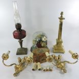 A brass table lamp, together with an oil lamp, a Victorian glass dome,