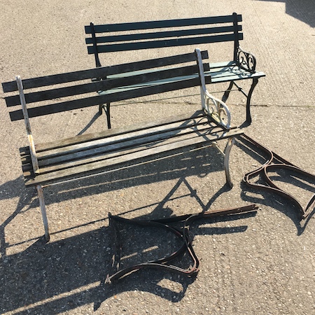 A slatted wooden garden bench, with painted metal ends, 126cm,