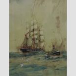 Attributed to Frank Mason, a warship and steam tug, watercolour,
