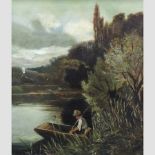 English School, 19th century, river landscape with a figure fishing, oil on canvas,