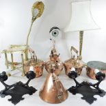 A collection of 19th century copper items, to include The Blanchard brass and copper oil wall light,